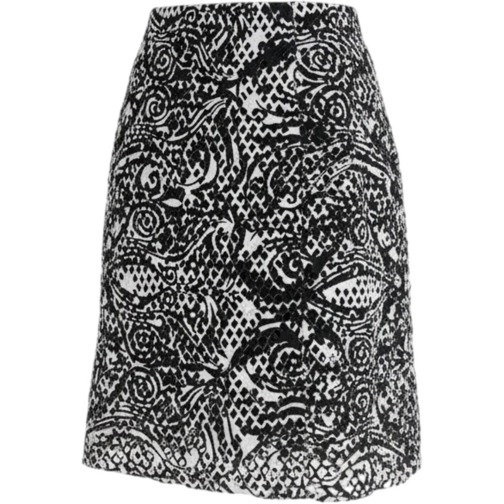 Chicos Black White Laser Cut Lace Pencil Skirt Elastic Waist Lined Size 3